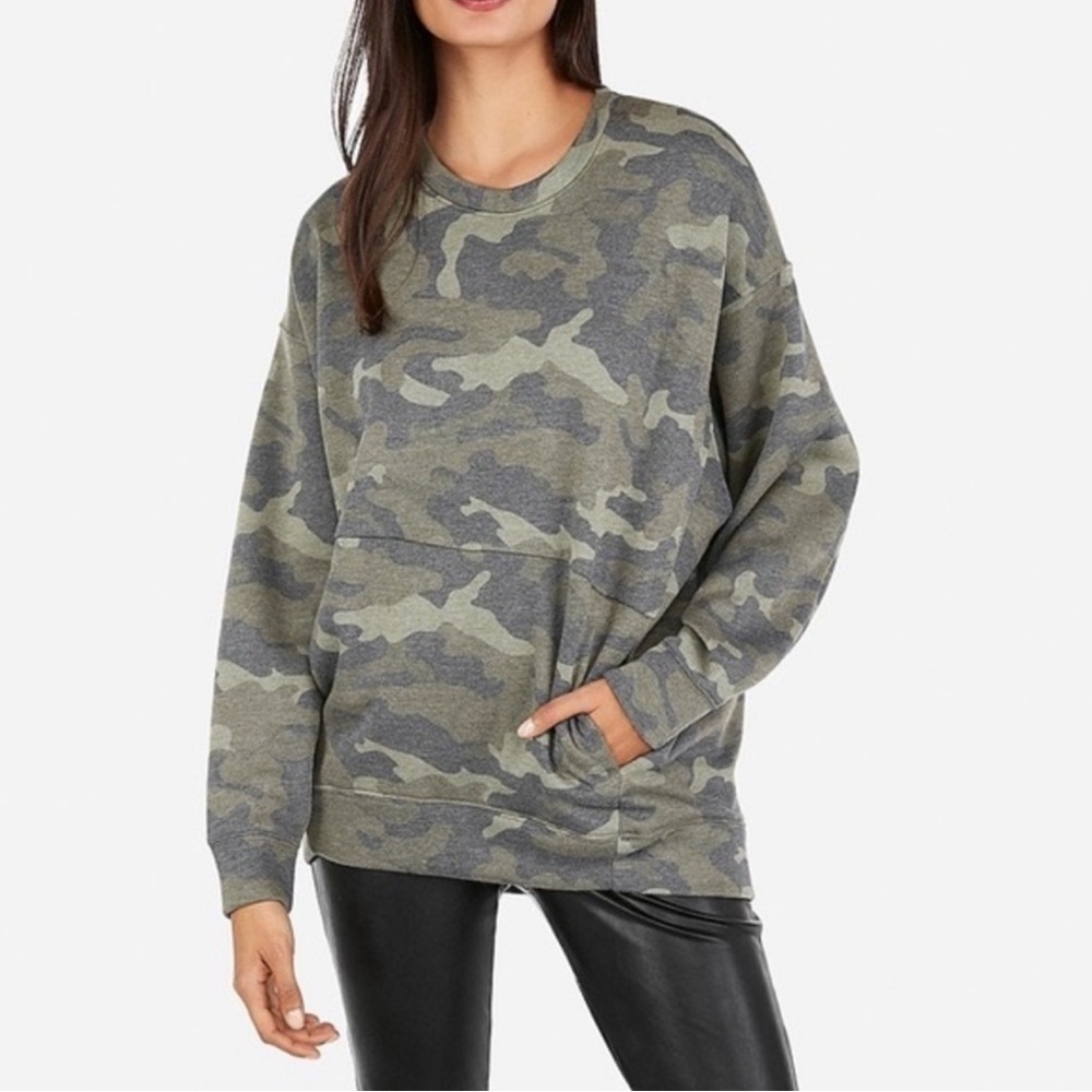 Express Oversized Camo Sweatshirt Kangaroo Pockets Crew Neck Lightweight X-SM